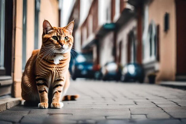 Un gato se sienta en una acera frente a un edificio