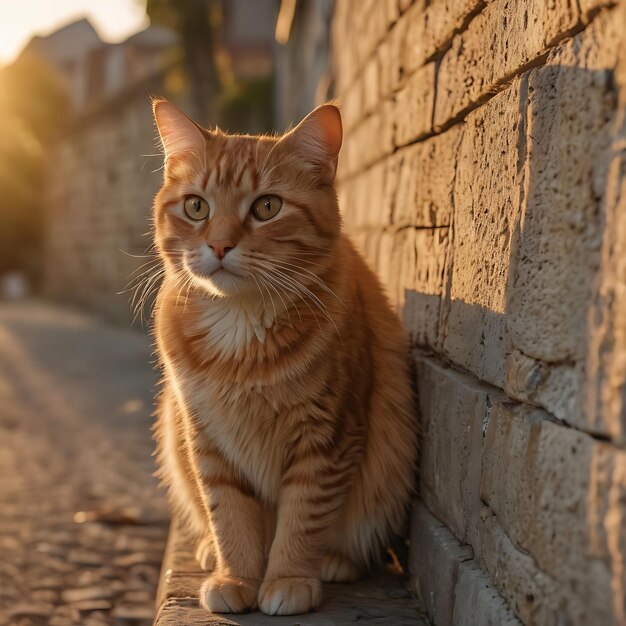 un gato se sienta en una acera frente a una pared de ladrillo