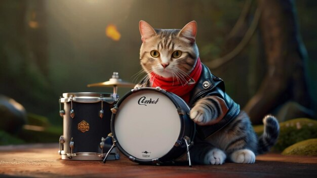 un gato se sienta al lado de un kit de batería que dice la cita del tambor