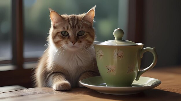 un gato se sienta al lado de una taza de té y un platillo