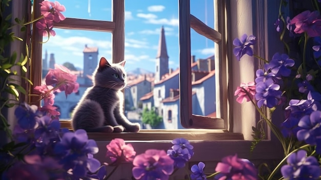 Un gato se sienta en el alféizar de una ventana con flores en primer plano.