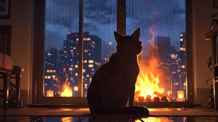 un gato se sienta en un alféizar de la ventana frente a un fuego en una ciudad