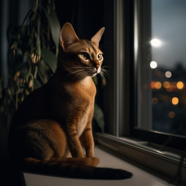 Un gato se sienta en el alféizar de una ventana frente a una planta con las luces encendidas.