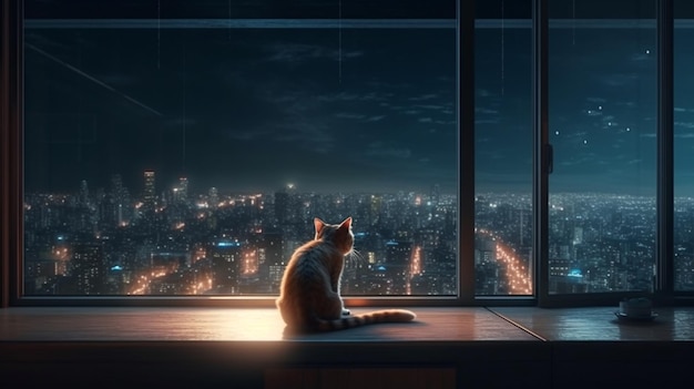 Un gato se sienta en el alféizar de una ventana mirando un paisaje urbano generativo ai