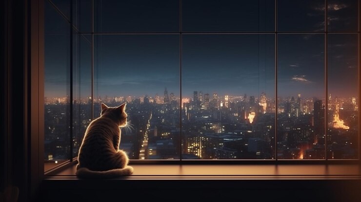 Un gato se sienta en el alféizar de una ventana mirando un paisaje urbano generativo ai