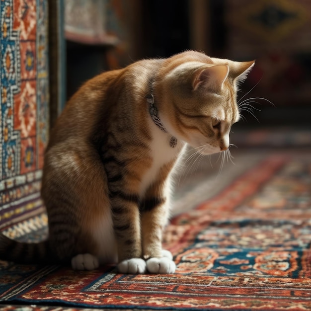 Un gato se sienta en una alfombra con una alfombra azul y roja.