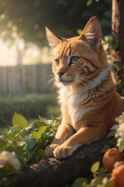 un gato se sienta en un árbol con el sol detrás de él.