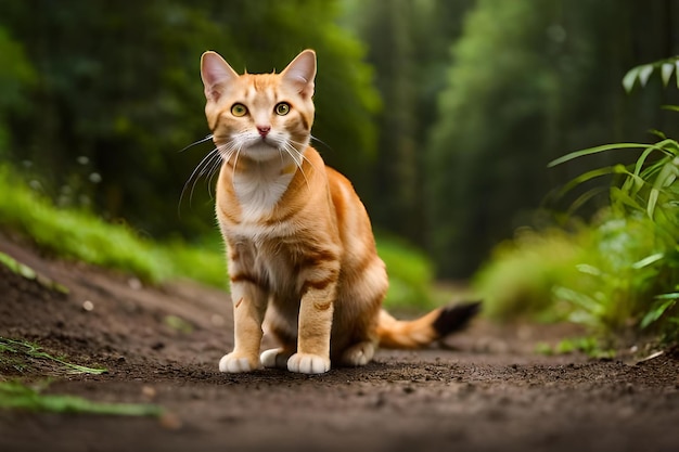 Un gato se sienta en el bosque y mira a la cámara.