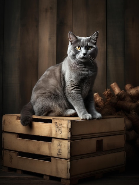 Un gato se sienta en una caja de madera.