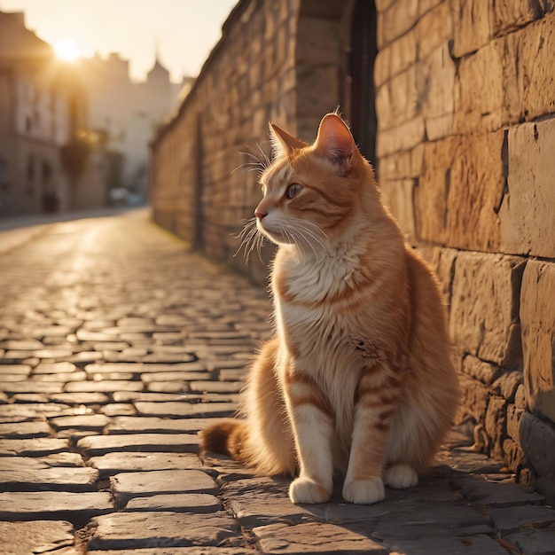 un gato se sienta en una calle de adoquines al sol