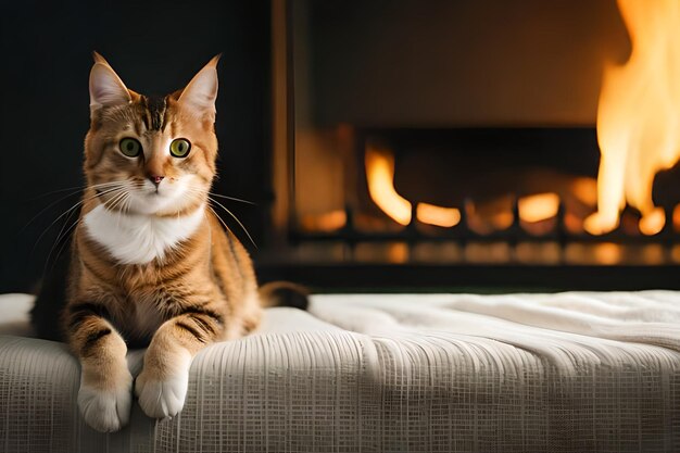 Un gato se sienta en una cama frente a una chimenea con un fuego al fondo.