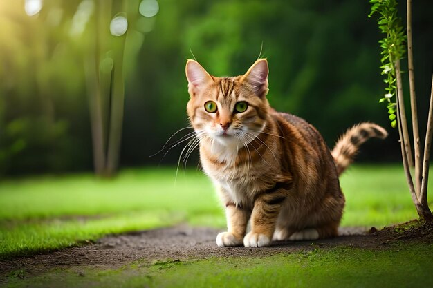 Un gato se sienta en un camino en la hierba.