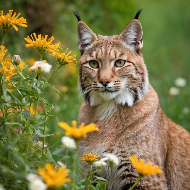 un gato se sienta en un campo de flores con flores amarillas Día de la Tierra