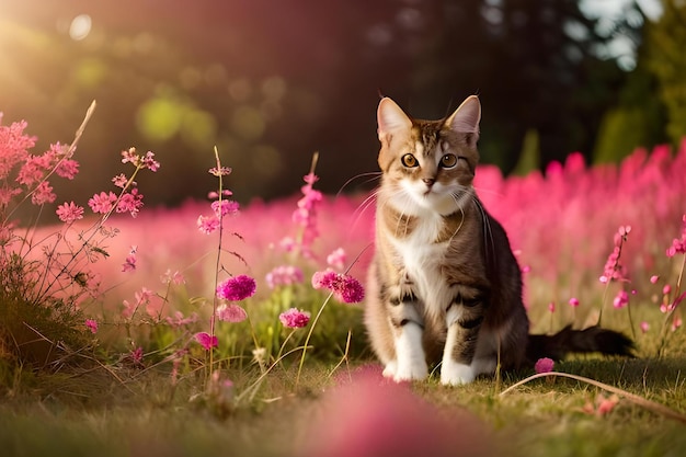 Un gato se sienta en un campo de flores.