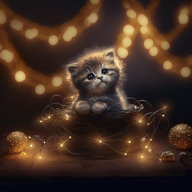 Un gato se sienta en una canasta con luces alrededor.