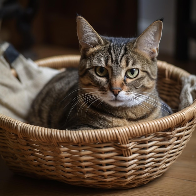 Un gato se sienta en una canasta con un par de calcetines.