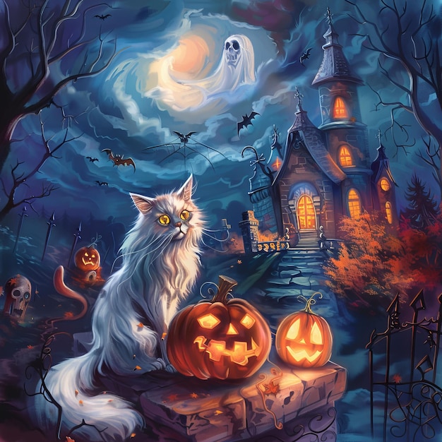 Foto un gato se sienta en un castillo con una calabaza y un fantasma en el fondo