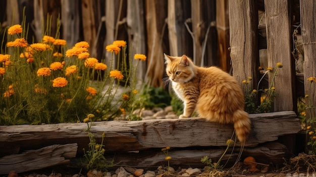 Un gato se sienta en una cerca de madera frente a un jardín lleno de flores.