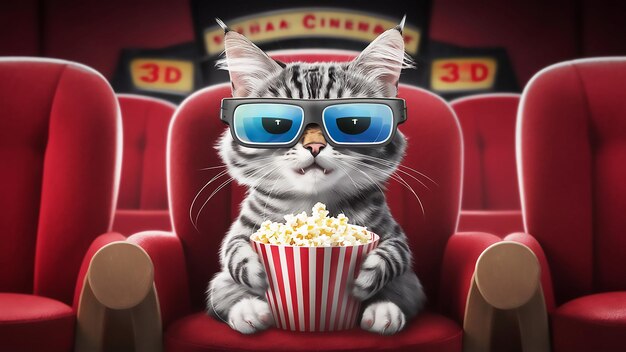 un gato se sienta en un cine con un tazón de palomitas de maíz delante de él