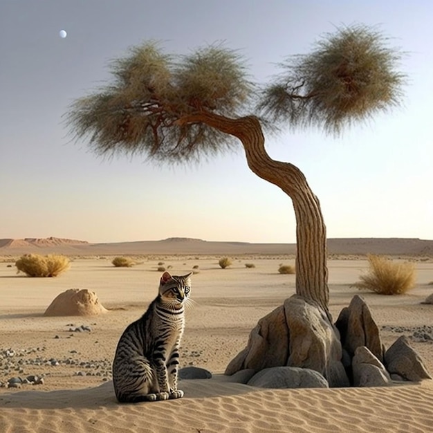 Un gato se sienta debajo de un árbol en el desierto.