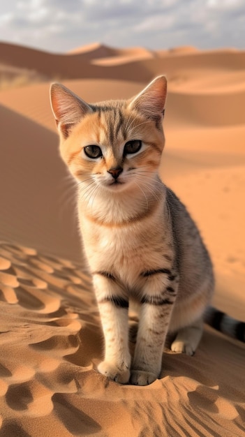 Un gato se sienta en el desierto.