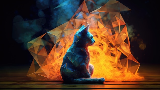 Un gato se sienta frente al fuego.