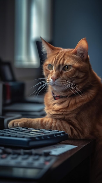 Foto un gato se sienta frente a una computadora y mira un teclado.