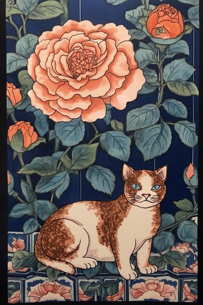 Un gato se sienta frente a un fondo azul con rosas y una rosa.