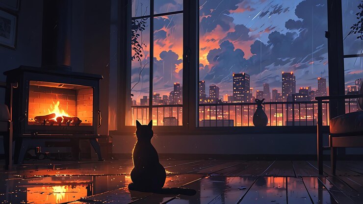 un gato se sienta frente a una ventana con velas y un gato mirando la ciudad