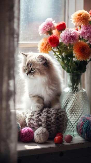 Un gato se sienta en un gorro de punto junto a un jarrón de flores.