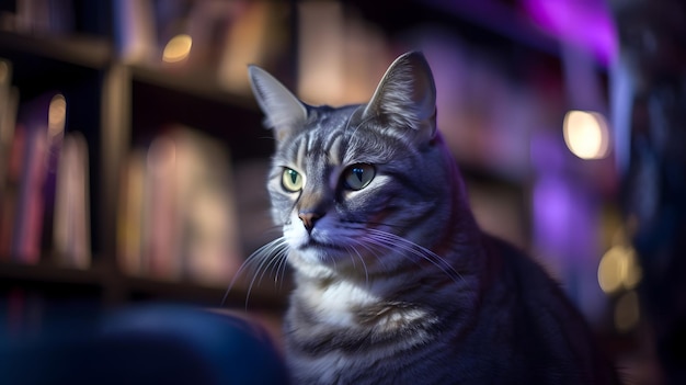 Un gato se sienta en una habitación oscura con un estante de libros detrás.