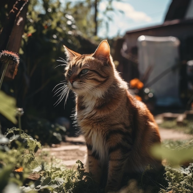 Un gato se sienta en el jardín frente a una casa.