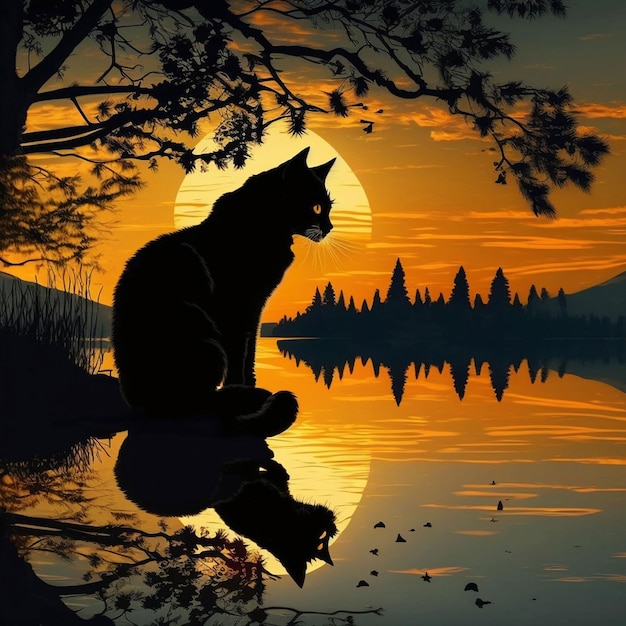 Un gato se sienta en un lago con una puesta de sol de fondo.