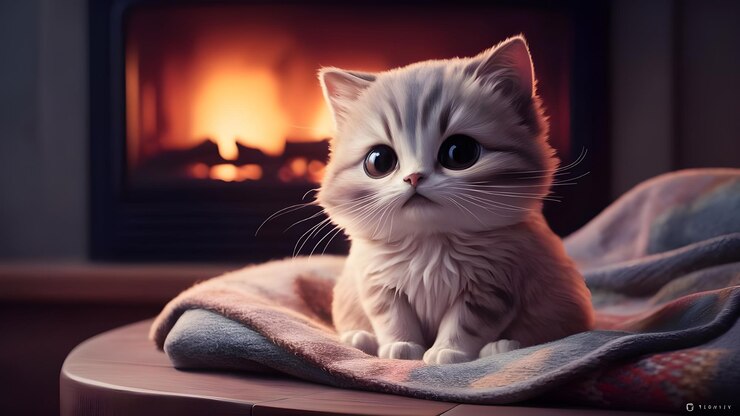 un gato se sienta en una manta frente a una chimenea