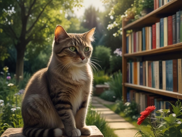 un gato se sienta en una mesa frente a una estantería de libros