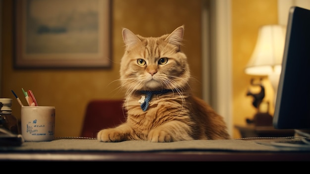 Un gato se sienta en una mesa frente a un televisor.