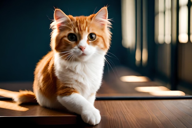 Un gato se sienta en una mesa frente a una ventana.