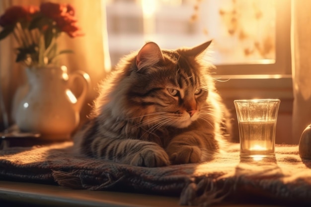 Un gato se sienta en una mesa junto a un vaso de agua.