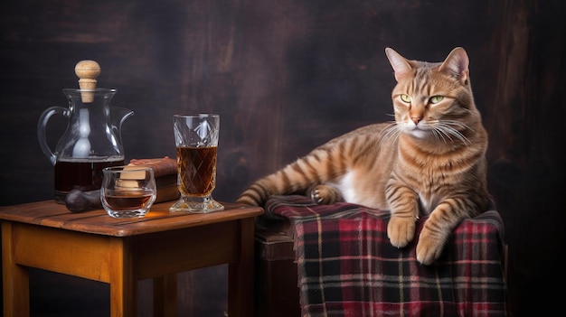 Un gato se sienta en una mesa junto a un vaso de cerveza.