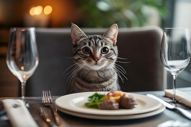 un gato se sienta en una mesa con un plato de comida en él