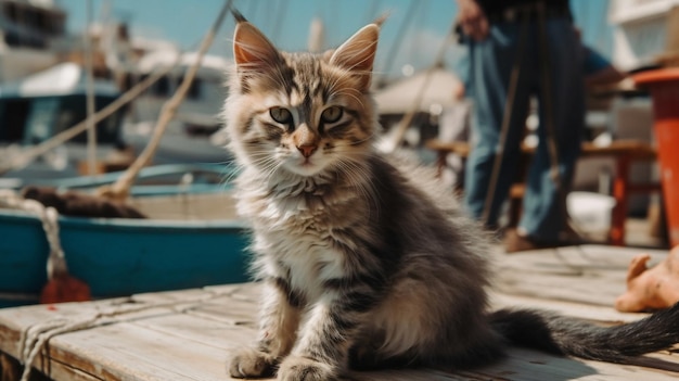 Un gato se sienta en un muelle frente a un bote.