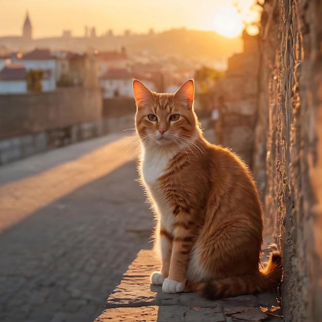 un gato se sienta en una pared al sol