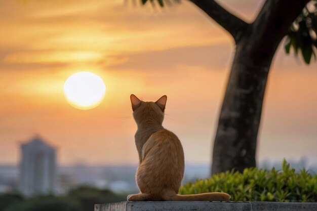 Foto un gato se sienta en una pared de hormigón frente a una puesta de sol