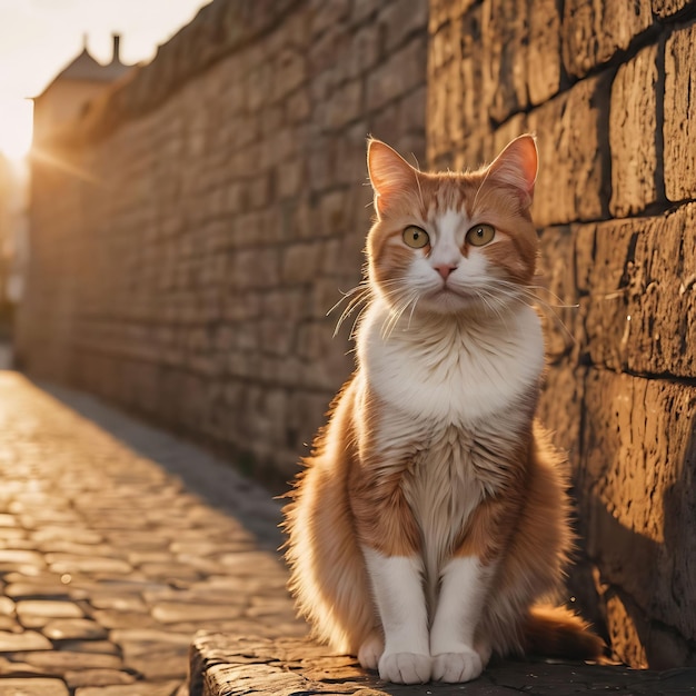 un gato se sienta en una pared de piedra en el sol