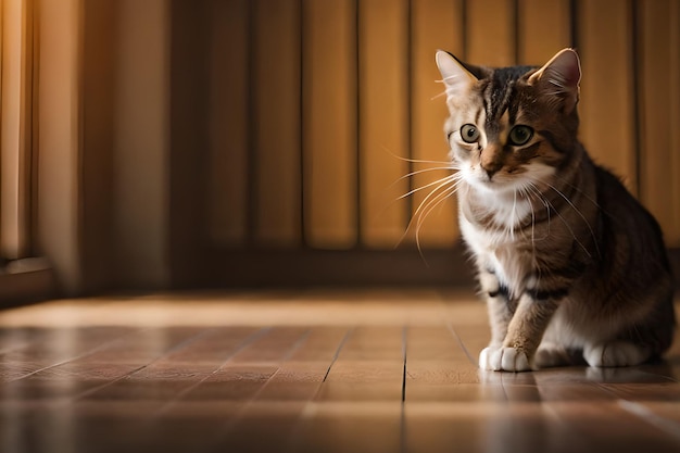 Un gato se sienta en un piso de madera frente a una ventana.