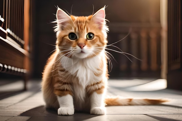 Un gato se sienta en un piso negro.