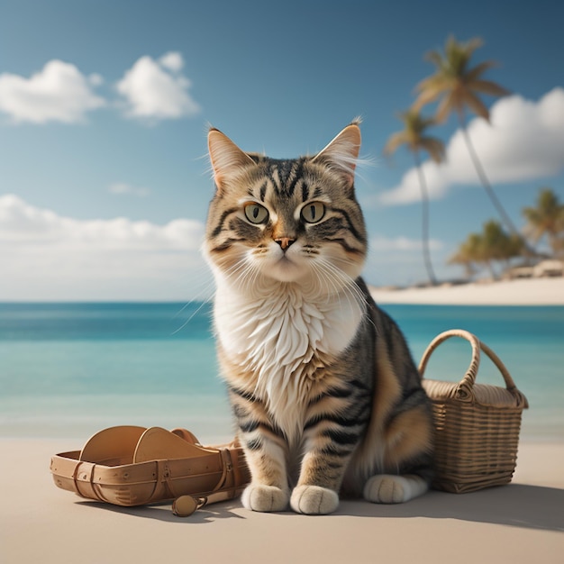 Un gato se sienta en una playa junto a una canasta y una palmera.