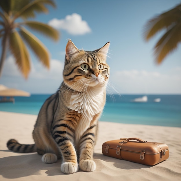 Un gato se sienta en una playa junto a una maleta.