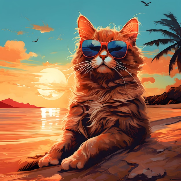 Un gato se sienta en una playa con sus gafas de sol