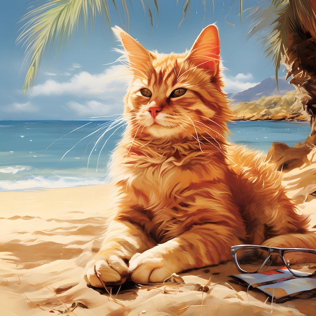 El gato se sienta en la playa con sus gafas de sol